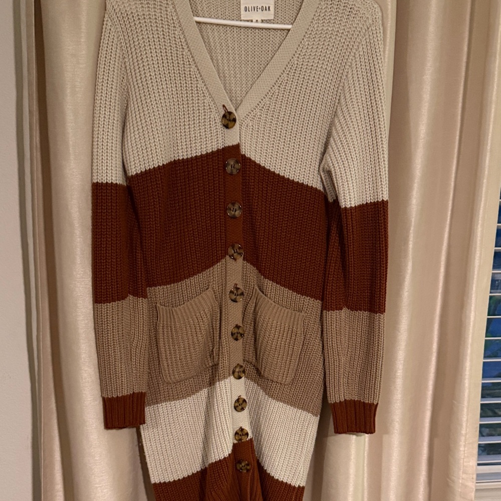 Olive & Oak Women's Colorblock Cardigan - Cream, Brown, Tan you can add a belt